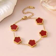1 件时尚优雅复古百搭花卉钛钢幸运五瓣花手链，双面贝母三叶草五叶不锈钢手链 - 紅色 - 查看 5