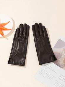 1 双纯色优雅休闲 PU 皮革刺绣全指触屏女士手套，成人时尚保暖手套，适合所有季节，秋冬季，户外骑行，仿羊皮 - A - 查看 7