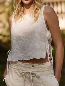 Womens Summer Lace Floral Crop Tank Top Sleeveless Side Tie-Up Eyelet Embroidery Vest Shirts Casual Beach Vacation Clothes - trắng - Xem 5