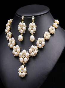 Conjunto de 3 piezas con collar con perlas falsas, rhinestones y flores, y pendientes con cuentas, apropiado para banquetes, fiestas, vestidos de novia y uso de joyería de mujer
