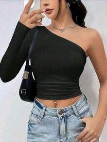 Women's Cropped Top T-Shirt Blouse With One-Shoulder Neckline Suplex Fabric Ideal For Going Out On Casual Romantic Elegant And Sophisticated Dates - 黑色 - 查看 4