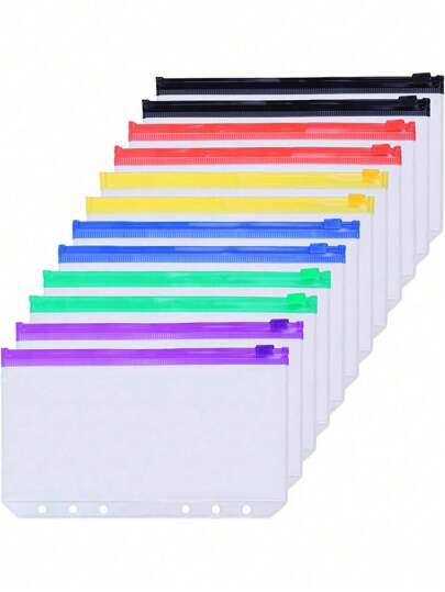 12pcs Assorted Color Zipper Pouch Pocket, Fit For A5/A6/A7 3-Ring/6-Ring Binder Notebook, Waterproof PVC Document Folders, School Supplies,Back To School