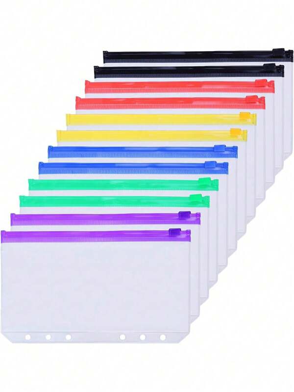 12 قطعة محفظة بسحاب متعددة الألوان، مناسبة لحافظات ملفات A5/A6/A7 ذات 3-خواتم/6-خواتم، حافظات وثائق مقاومة للماء من البي في سي، أدوات قرطاسية ، عودة إلى المدرسة