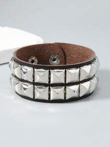 1 Peça Pulseira de Couro Estilo Punk Rock com Pirâmides Metálicas