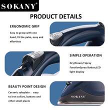 SOKANY SOKANY 11041 Household Multifunctional Electric Iron, Steam Iron, Clothing Wrinkle Remover, 1600w High Power, Fast Heating, 210ML Large Capacity, Multi-Speed Temperature Control, Free Switching.Set The LED Display Light.Ceramic Soleplate, Easy To Iron Small Places Such As Collars And Buttons.Suitable For Families, A Home Helper Designed For Business People