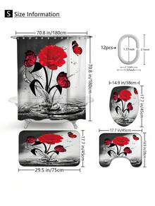 1pc/4pcs Red Falling Rose Flower Shower Curtain Decoration, Beautiful Housewarming Gift Modern Home Decoration, Waterproof Shower Curtain And Toilet Floor Mat Three Pieces Set Comes With 12 Shower Curtain Hooks Back To School - Multicolor - View 3