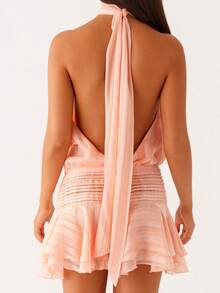 Women Summer Mini Halter Neck Dress Pleated Sleeveless Open Back A-Line Layered Ruffle Short Dress - Orange - View 4