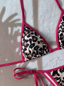 Women's Backless Leopard Print Patchwork Bikini Set (Top And Bottom), Casual Summer - Rose Red - View 4