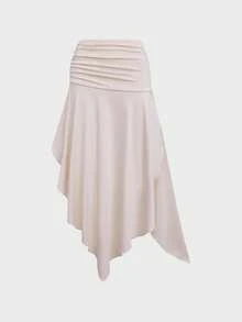 Women's Summer Solid Color Asymmetrical Hem Split Casual Skirt With Tie Waist, Relaxed Fashion Long Skirt Suitable For Daily Wear, Music Festivals, Rock