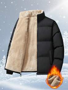 Men's Jacket, Solid Color Stand Collar Jacket, Loose Comfortable Breathable Sports Outerwear, Winter - Black - View 2