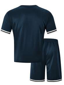 Summer 2-Piece Men's Navy Blue T-Shirt Set: Round Neck Striped Short Sleeve Tee + Striped Shorts, Loose Casual Sports Outfit, European And American Style Spring/Summer - Navy Blue - View 6