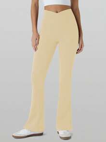 RUNONWHEELS 5 女士 V 型提臀瑜伽健身，奶油色喇叭紧身裤，交叉腰带，高腰运动健身跑步紧身阔腿裤 - 米色 - 查看 6