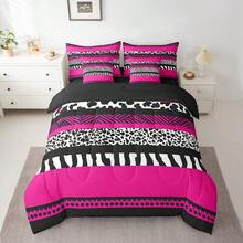 Cheetah Print Bed In A Bag 7 Pieces Twin Size Comforter Set,Wild Animal Skin Leopard Spot Bedding Sets Geometry  Fuchsia Sriped Patchwork Bed Set With Comforter,Sheets,Pillowcases & Shams - Multicolor - View 2