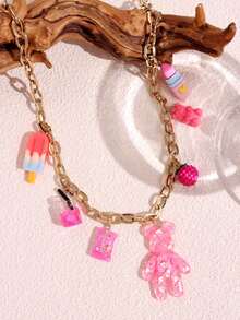 1pc Funky Jewelry Pink Cute Bear Charm Pendant Necklace, Summer Cartoon Ice Cream Candy Lipstick Multi-Element Charms Necklace DIY Personalized Creative Women Jewelry - Pink - View 7