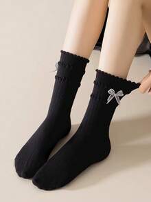 1双/4双洛丽塔蝴蝶蕾丝边薄款中筒袜，甜美日系风格，秋季女士
