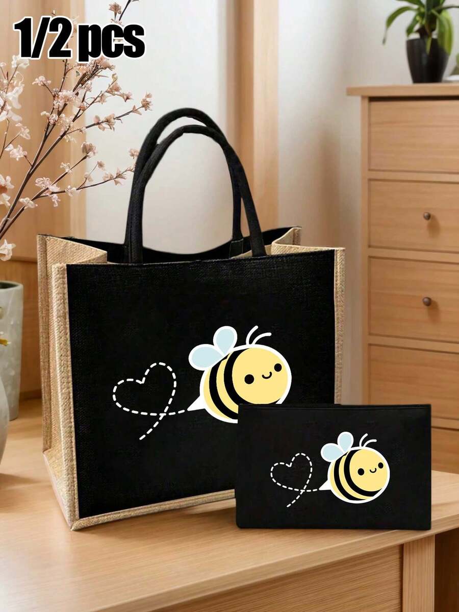 可爱蜜蜂手提包套装：轻便购物袋，配迷你零钱包。旅行化妆包：户外美妆的完美之选！勤劳的蜜蜂图案，送给妈妈、老师、朋友的完美礼物，便携式休闲收纳包，运动装饰包，礼品包，化妆包，教师节礼物，可重复使用化妆包 - 彩色 - 查看 1