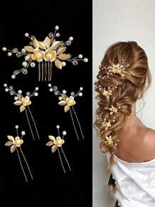 5-Piece Set Of Gold Leaf Pearl Hair Comb, Bride's Coiled Hair Comb, Retro Wedding Headwear, Bride's Hairpin And Hair Clip Combination