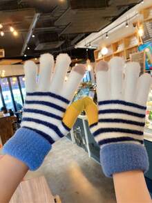 kissyouths 条纹休闲涤纶保暖手套，男女通用户外休闲手套，时尚秋冬手套 - 彩色 - 查看 3