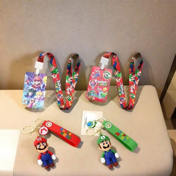 Super Mario Super klassischer Spielcharakter Schlüsselanhänger mit süßem Cartoon Namensschild & Kartenetui Set, haltbarer Cartoon Charakter Anhänger, exquisite Geschenk Schlüsselanhänger & Kartenetui Kombination, geeignet für Gepäck, Kleidung, praktisch zum Tragen, ideales Geschenk für Super Fans