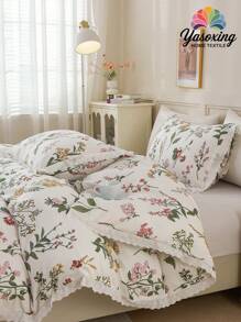 2 ou 3 pièces Ensemble de couette à motif d'imprimé de feuilles vertes et de fleurs roses avec bordure à volants 100% coton, respirant, ultra doux, toutes saisons (1 pièce*Couette + 1 ou 2 pièces*Taie d'oreiller, sans oreiller), design bicolore doux pour chambre à coucher et chambre d'amis, Saint-Valentin, poids léger, tailles lit King, Queen, Full, Twin
