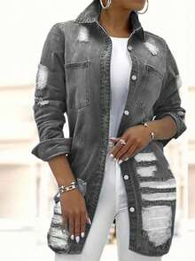 Women's Casual Mid-Length Distressed Washed Denim Jacket, Autumn - Light Grey - View 1