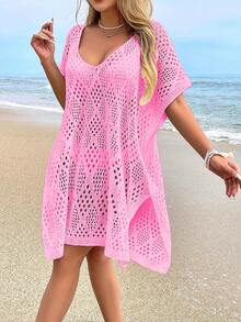 Women's Fashion Casual Hollow Out Cover Up Top (Swimsuit Not Included) - Pink - View 2