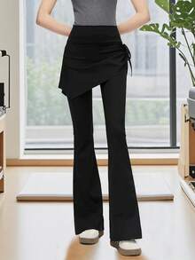 Women's High Waist Drawstring Side Slit Flare Pants, Elegant Sports Fitness Yoga Bell-Bottom Trousers - Black - View 2
