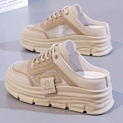 LISM 1 双女式网眼拼接一脚蹬穆勒凉鞋，厚底增高时尚百搭休闲鞋