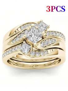Set de 3 anillos de moda exquisitos de color dorado - Regalo de aniversario, conjunto de joyería nupcial, de compromiso y de boda