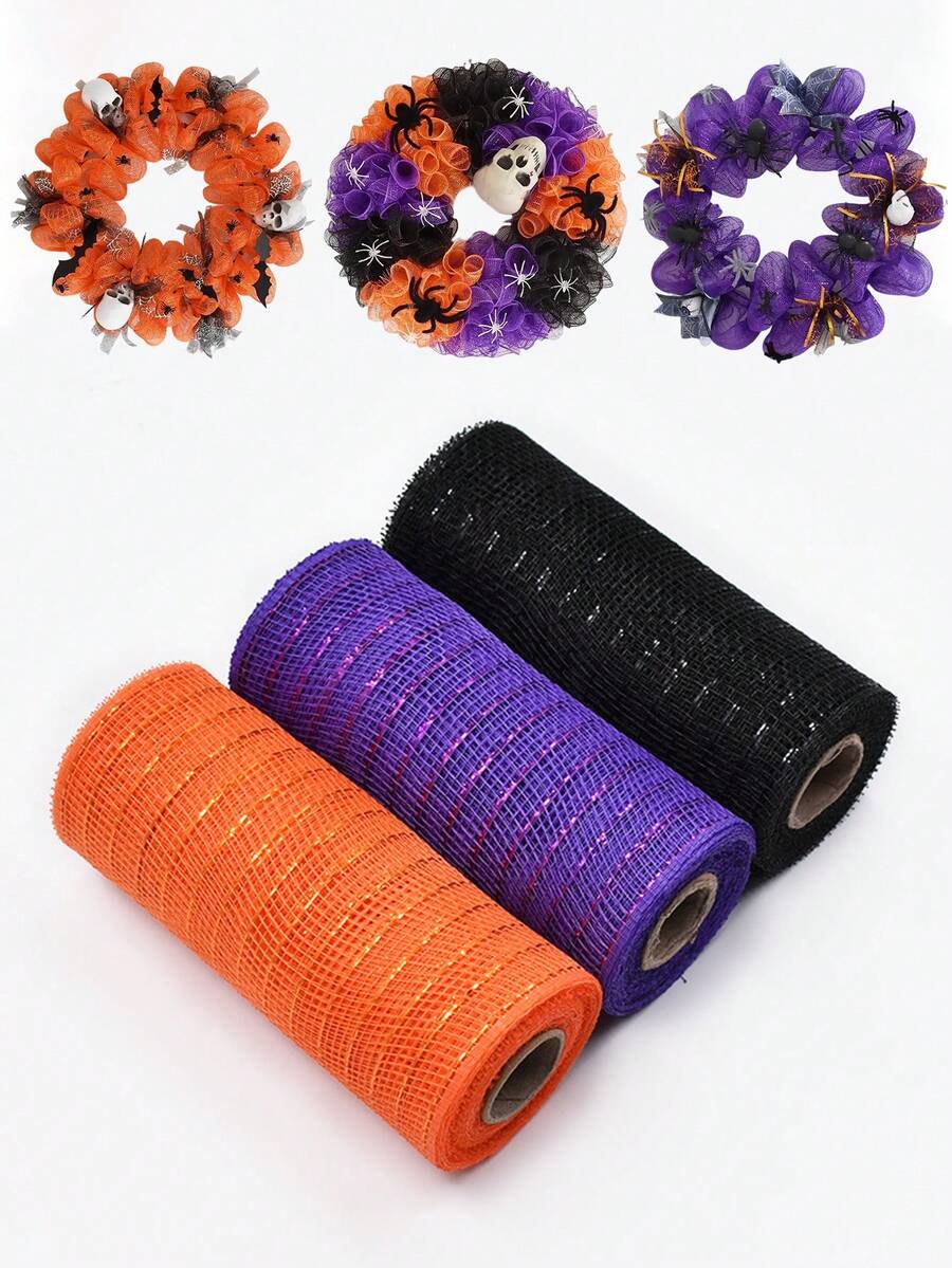 10 码/卷网状纱卷 6 英寸宽，万圣节金属箔网状装饰，网状卷花环制作材料，金丝带薄纱聚酯网状丝带裙纱卷，场景装饰，节日布置用品，房间装饰，家居装饰，主题派对装饰，万圣节装饰，鲜花包装纱，桌面装饰，礼品包装，DIY 服装和裙子配饰工艺品包装用品 - 彩色 - 查看 1