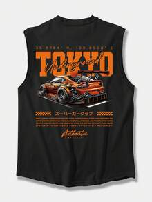 Men's Casual Lightweight Sleeveless Tank Top For Summer, Creative Car Pattern Design, Crew Neck, Elastic, Breathable, Moisture-Wicking, Suitable For Fitness Training, Layering Or Wearing Alone,