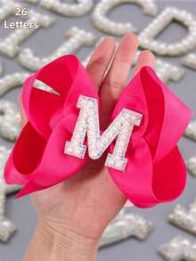 1 pieza Clip de pelo con perla y lazo con brillo con letras de la A a la Z, clip grande hacia arriba, adecuado para niñas, accesorio de pelo para niños, regalo - Rosa Fucsia - Ver 2