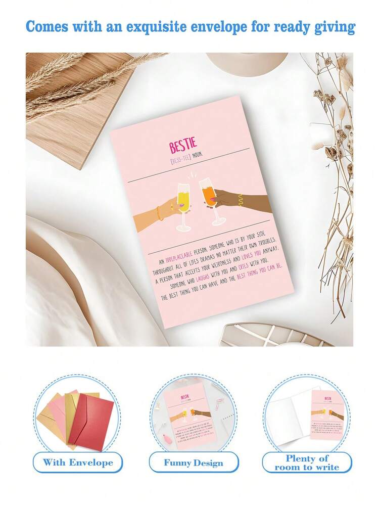 1pc Bestfriend Card - Birthday Card For Best Friend - Bestie Cheers - Friendship Gifts For Women Female - BFF Appreciation Thank You I Love You Card For Her - Galentines Day Cards - Multicolor - View 2