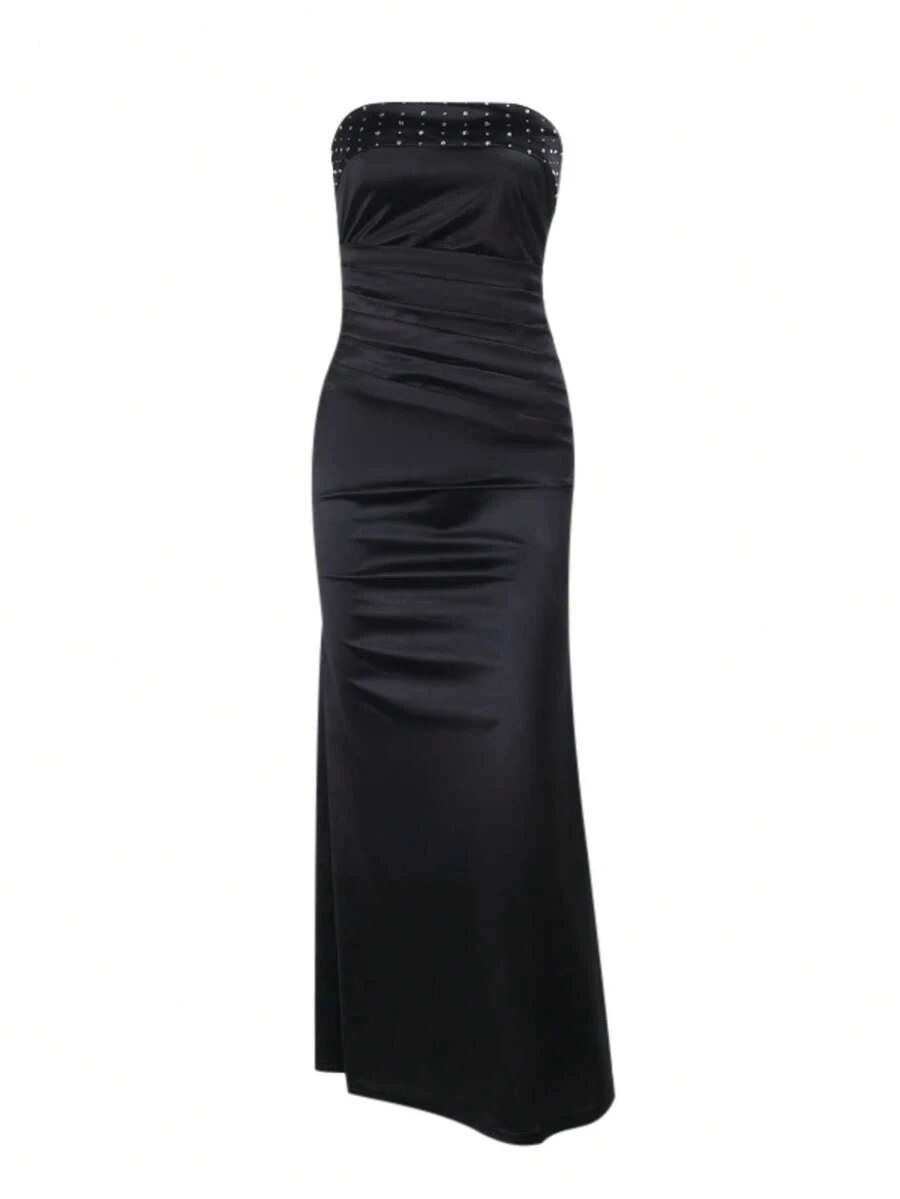 WOWDARK Summer Dress, Black Fashion Rhinestone Satin Backless Halter Party Dress, Elegant Women's Dress