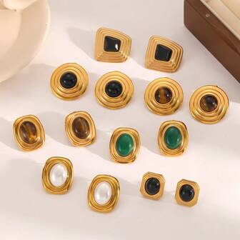 2 pares de pendientes de estilo francés retro de oro 18K y acero inoxidable, versátiles y de alta gama, con pendientes de perlas de ojo de tigre