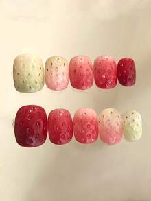 10 件可爱手工短款红色草莓渐变假指甲，可穿戴美甲装饰，适合女士和女孩日常、派对、度假、礼物按压指甲美甲用品 - 紅色 - 查看 1