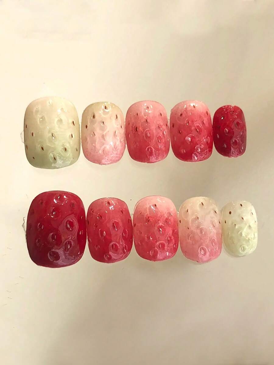 10 件可爱手工短款红色草莓渐变假指甲，可穿戴美甲装饰，适合女士和女孩日常、派对、度假、礼物按压指甲美甲用品 - 紅色 - 查看 1