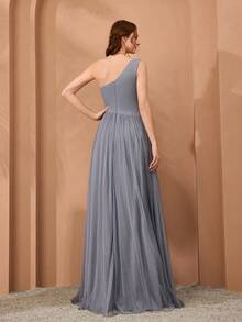 单肩不对称胸部褶皱腰镂空开叉下摆网眼长连衣裙 - 淺灰紫 - 查看 2