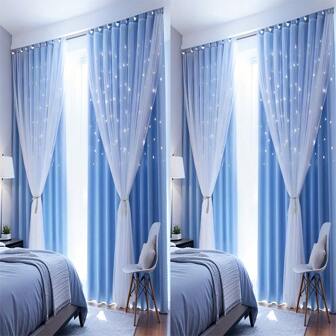 1pc Hollow Star Double Layer Voile Window Curtain, Grommet Top Curtain With Cute Hollow Star Perforations, Translucent, Suitable For Bedroom, Living Room, Themed Room, Holiday Party Decor