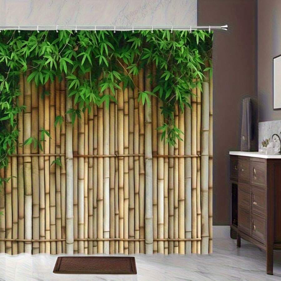 1pc Bamboo Leaf & Reed Shower Curtain - High Quality Polyester Digital Printed Floral Bathroom Decor, No Hole Hooks Needed, Machine Washable, Elegant Botanical Design, Suitable For Spa-Like Relaxation Spaces, Cute Bathroom Decoration, Easy To Hang Curtain, Natural Style Decor, Easy Care Fabric Bathroom Accessories Back To School