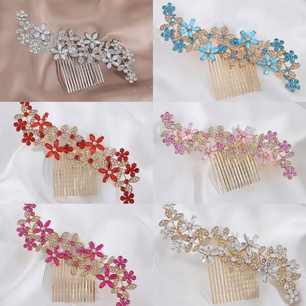 1 pieza Peineta floral romántica bohemia para novia, dama de honor y boda, con cristales y rhinestones, accesorio de cabello de novia, dama de honor y diadema floral con rhinestones, peineta lateral para novia, accesorio de cabello para damas, apropiado para galas, bodas y ocasiones especiales. Regalo para la novia, dama de honor y huéspedes.