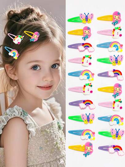 10pcs 3D Cartoon Hair Clips, Cute Girls Bangs Side Clips Including Rainbow, Unicorn, Mermaid, Butterfly, For Daily & Party Use, Unlock Magic Hairstyles! Adorable Unicorn Hair Clips Are Eye-Catching