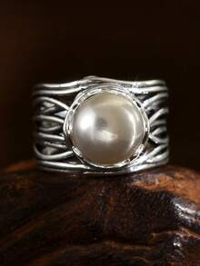 1 Stück böhmischer vintage silberner Kunstperlen Damen Verlobungsring für den täglichen Gebrauch - Antiksilber - Übersicht 3