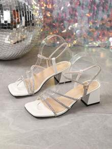 Sandalias de tacón alto blancas para mujer, un zapato dos formas, decoración con rhinestones, sandalia slip-on de tacón grueso y punta cuadrada, elegantes para fiesta, multifuncionales - Blanco - Ver 7