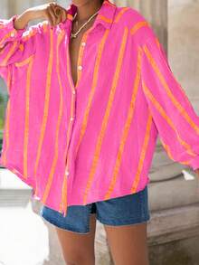Women's Oversized Striped Boyfriend Shirt, Front Short Back Long Button Down Casual Blouse Top, Suitable For Spring, Summer, Autumn