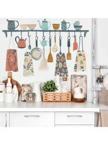 Kitchen Stickers/Decorative Stickers Kitchen Tableware Apron Bag Hanging Stickers Waterproof And Dustproof Stickers, 1 Piece Pvc Material Removable Wear-Resistant Stickers, Wall Stickers 23.6*15.7 Inches, Suitable For Kitchen Decoration, Wall Decoration, Restaurant Decoration, Interesting Birthday Gifts, Graduation Gifts, Make Your Home A New Look