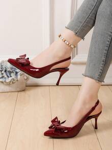 JABOOLINX Giày sandal quai thanh lịch phong cách Pháp cổ điển có trang trí nơ, giày cao gót mũi nhọn, giày sandal xỏ ngón sang trọng cho mùa xuân/hè, phù hợp với váy và đi làm - Đỏ - Xem 4