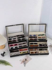 Multi-Layer High Capacity Leather Eyeglass Storage Case, 8/12/18 Grid Sunglasses Display Box, Organizer For Glasses & Sunglasses Collection