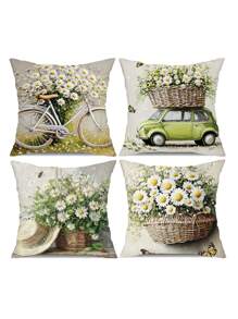 4pcs Farmhouse Style Polyester Pillow Covers, 17.72" X 17.72", Machine Washable With Zipper, Decorative Throw Pillow Cases Featuring Bicycle, Car And Floral Patterns, Suitable For Living Room Sofa Decor, Comfortable Whimsical Design, 100% Polyester (Pillow Insert Not Included)