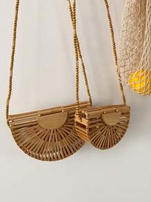 Fashion Half Moon Wooden Shoulder Crossbody Bags For Women Bamboo Woven Summer Beach Straw Bag Rattan Small Phone Purse Mini Bag